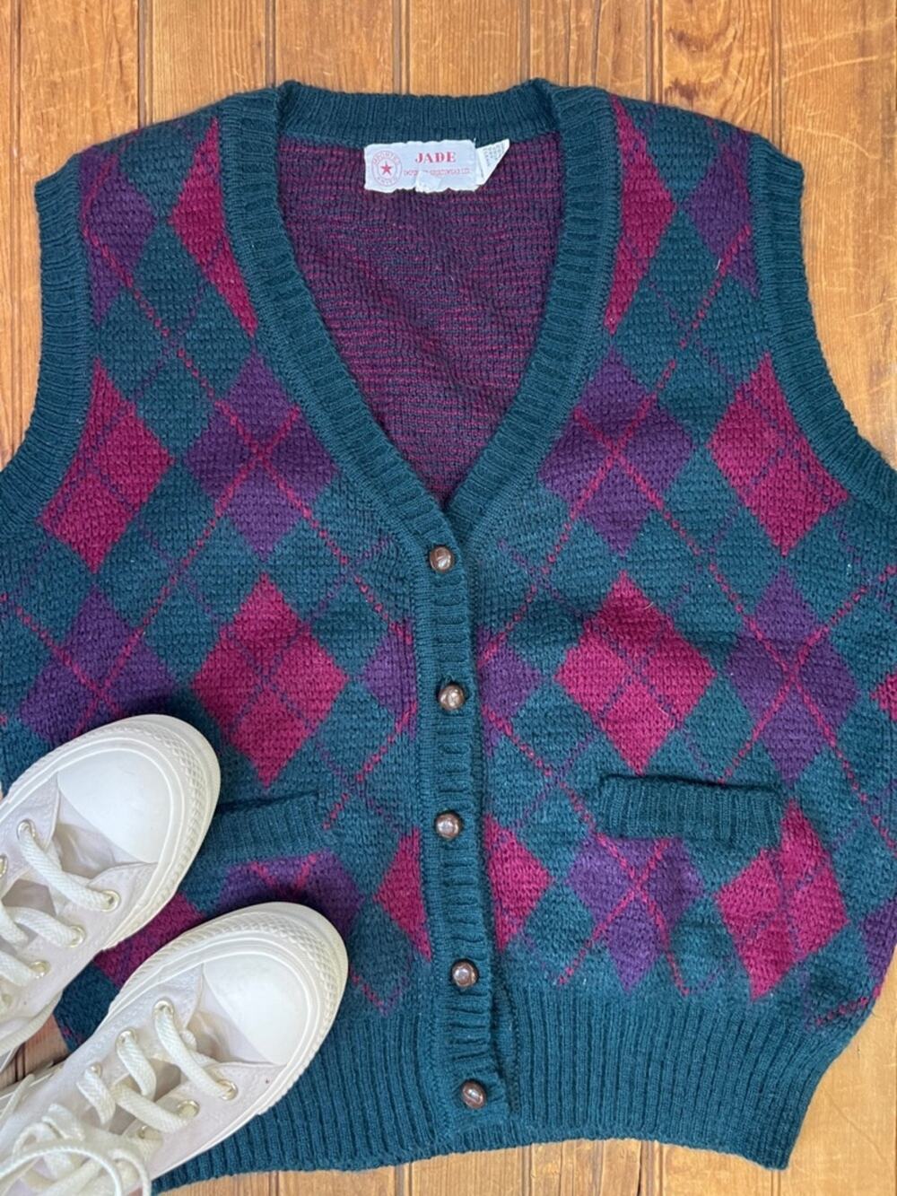 vintage men’s knit vest Jade Teal Argyle Buttoned v-neck classic